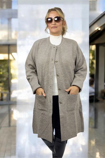 yagmurberen Steel Knitted Front Buttoned Cycling Collar Extra Large Size Long Knitwear Cardigan