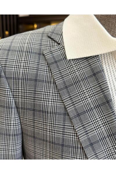 TerziAdemAltun Ανδρικό μαύρο μπουφάν με καρό σχέδιο - κανονική εφαρμογή, μονό γιακά T11523