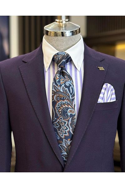 TerziAdemAltun Men's purple slim fit Italian style mono collar jacket - T10754
