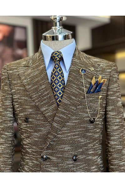 TerziAdemAltun Italian style slim fit double breasted men's jacket brown T10963