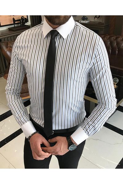 TerziAdemAltun Italian Style Slim Fit Striped Men's Tie Collar Shirt White T9235