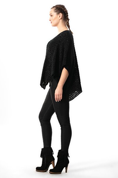 Eliş Şile Bezi Yarasa Kol Sanem V Yaka Sonbahar ve Kışlık Salaş Triko Bluz Siyah Syh