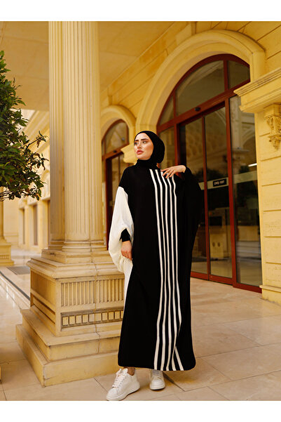 SAHRA BUTİK فستان تريكو مخطط جانبي - أسود - صحرا بوتيك