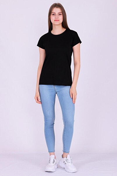 Tshirthane Μαύρο Χρώμα 100% Cotton Crew Neck Basic Unprinted Γυναικείο πλεκτό κοντομάνικο μπλουζάκι