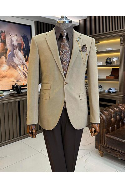 TerziAdemAltun Beige Slim Fit Mono Collar Men's Jacket - Italian Style T10756