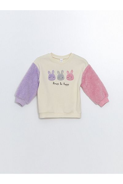 LC Waikiki Βρεφικό φούτερ Lcw Kids Ecru Crew Neck με χοντρό στάμπα για κορίτσι