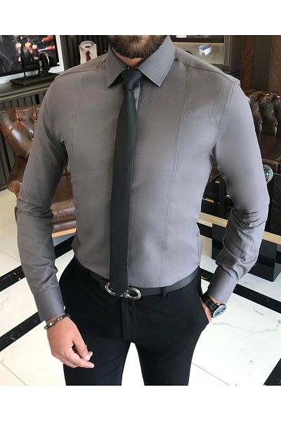 TerziAdemAltun Cămașă pentru bărbați slim fit în stil italian, cu guler cravată, gri T8739
