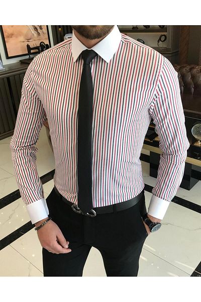 TerziAdemAltun Italian Style Slim Striped Men's Tie Collar Shirt White T9236