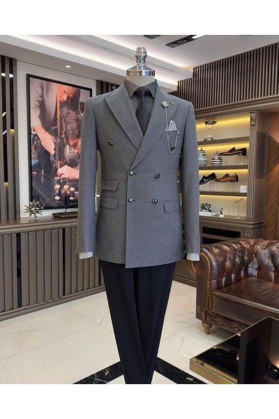 TerziAdemAltun Italian style slim fit double breasted men's jacket gray T10740