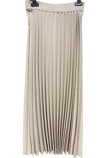 GÜL BUTİK Pileli Krem Renk Düz Uzun Boy Etek