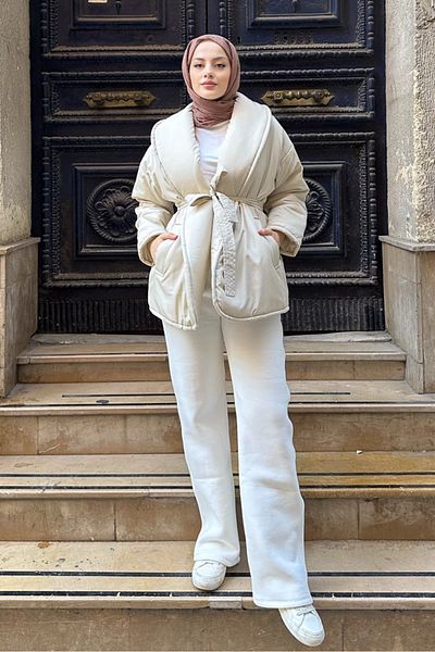 Oven Μπεζ Cindy Puffer Coat - Απλό και Ζώνη