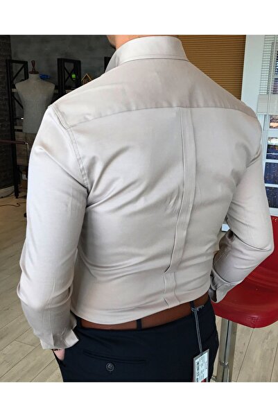 TerziAdemAltun Ανδρικό πουκάμισο σατέν με γιακά ιταλικού στυλ Slim Fit Beige T4751