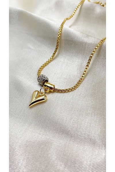 Eylülün Takısı Gold Zircon Stone Heart Model Women's Necklace