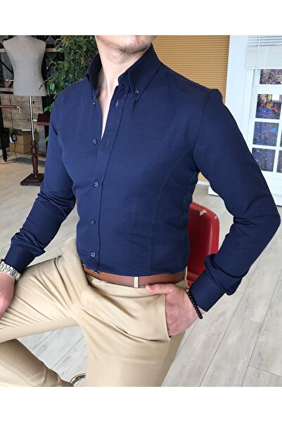 TerziAdemAltun Італійський стиль slim fit з прямим коміром сатинова чоловіча сорочка Темно-синя T4740