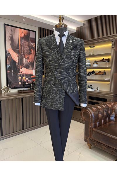 TerziAdemAltun Italian style slim fit double breasted men's jacket black T10964