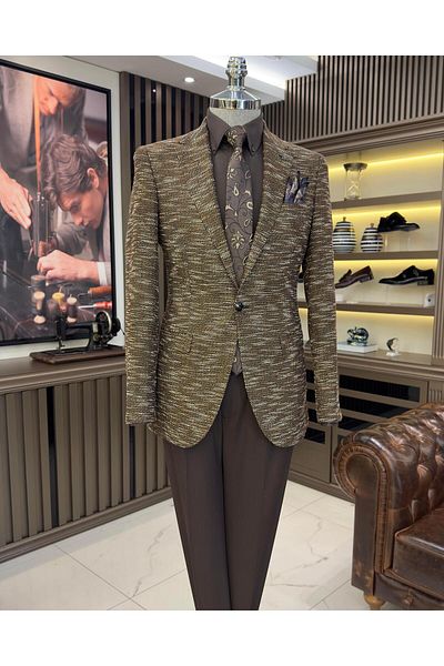 TerziAdemAltun Italian style slim fit mono collar men's jacket brown T10966