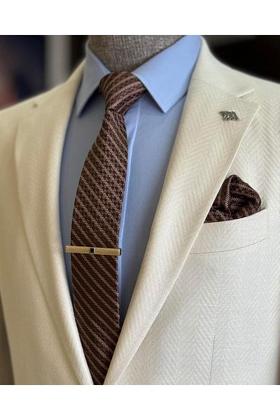 TerziAdemAltun Ανδρικό Slim Fit Mono Collar Ιταλικό Μπουφάν - Κρέμα T11532