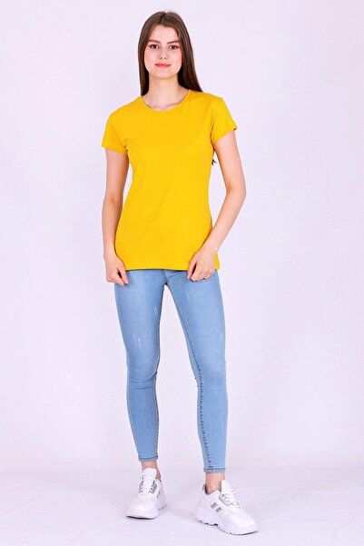 Tshirthane Κίτρινο χρώμα 100% βαμβακερό λαιμόκοψη Basic Unprinted Γυναικείο πλεκτό κοντομάνικο μπλουζάκι