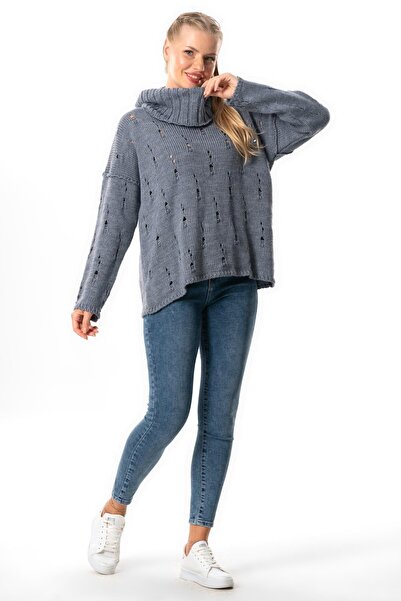 Eliş Şile Bezi Indigo Knitwear Blouse for Autumn and Winter - Wide Neck, Long Sleeve