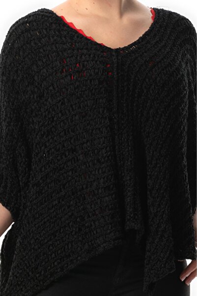 Eliş Şile Bezi Yarasa Kol Sanem V Yaka Sonbahar ve Kışlık Salaş Triko Bluz Siyah Syh