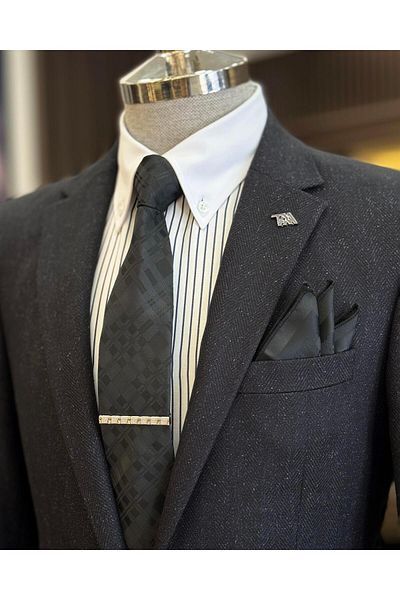 TerziAdemAltun Navy Blue Mono Collar Italian Style Men's Jacket - T10558