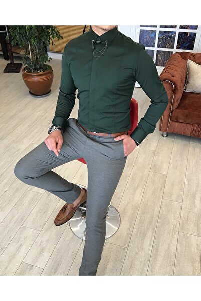TerziAdemAltun Ανδρικό πουκάμισο με πράσινη αλυσίδα σατέν ιταλικής εφαρμογής T3509