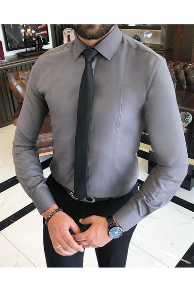 TerziAdemAltun Cămașă pentru bărbați slim fit în stil italian, cu guler cravată, gri T8739