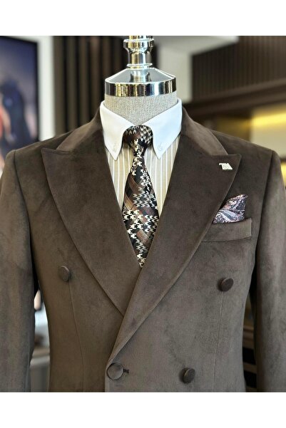 TerziAdemAltun Мъжко сако с двойно закопчаване от кадифе в италиански стил, кафяво T11033