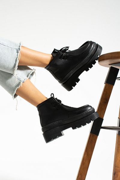 İnan Ayakkabı Black Skin Lace Up Γυναικείες Μπότες Ύψος σόλας 7 cm