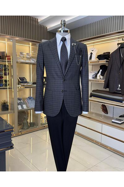 TerziAdemAltun Italian style slim fit mono collar plaid men's jacket anthracite T10752