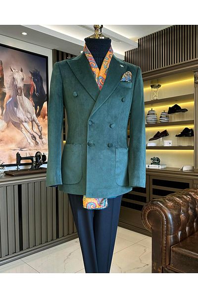 TerziAdemAltun Italian style velvet double-breasted men's single jacket Green T11030