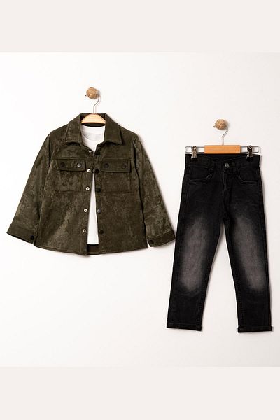 Minik Dolap Children's Suede Shirt Jeans Set - 3 Pieces