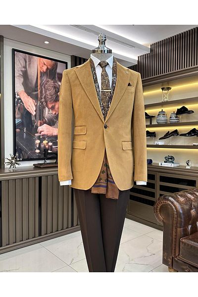 TerziAdemAltun Italian style velvet men's single jacket camel T11040