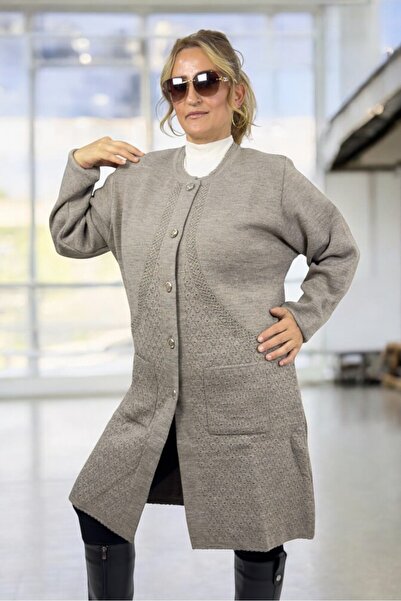 yagmurberen Steel Knitted Front Buttoned Cycling Collar Extra Large Size Long Knitwear Cardigan