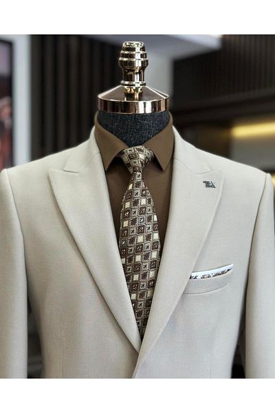 TerziAdemAltun Italian style slim fit peaked collar men's jacket beige T10014