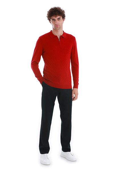 Hatemoğlu Red Regular Fit Jacquard Polo Collar Wool Knitwear Sweater
