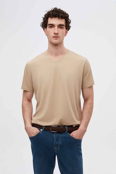 D'S Damat Μπλουζάκι Slim Fit Beige V λαιμόκοψη 100% βαμβάκι