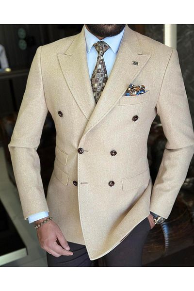 TerziAdemAltun Italian style slim fit double breasted stamped men's jacket camel T10298