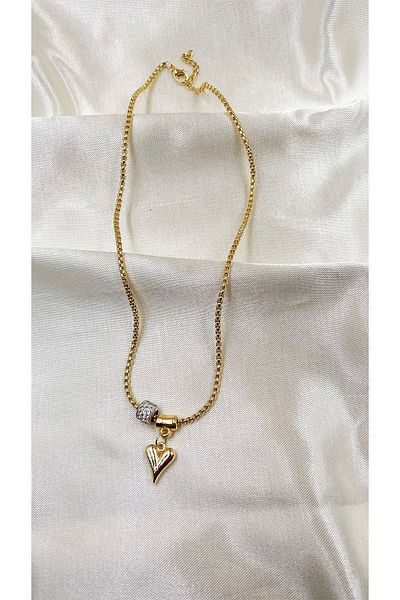 Eylülün Takısı Gold Zircon Stone Heart Model Women's Necklace