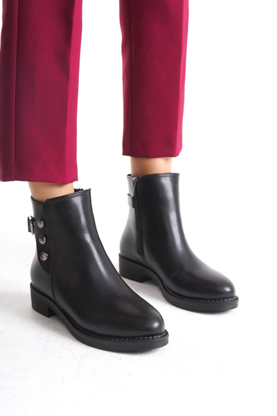 Limeo Low Heel Zippered Women's Black Bootie with Button and Buckle Detail