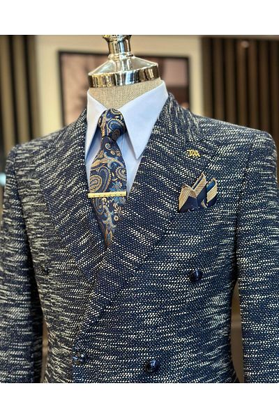 TerziAdemAltun Italian style slim fit double breasted men's jacket navy blue T10961