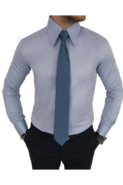 TerziAdemAltun Cămașă pentru bărbați din satin, în stil italian, slim fit, cu guler ascuțit, albastru T7215