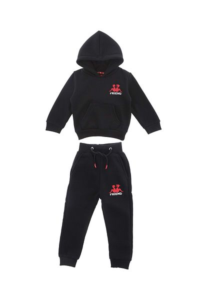 coppa kids Friend Printed 3 Thread Hooded Seasonal Girl-Boy Set - Black - Age 4