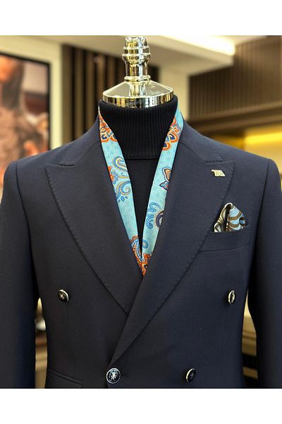 TerziAdemAltun Italian Style Slim Fit Double Breasted Men's Jacket Navy Blue T10762