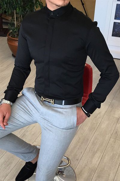 TerziAdemAltun Мъжка риза с италианска кройка slim fit с малка яка, черна, T4798