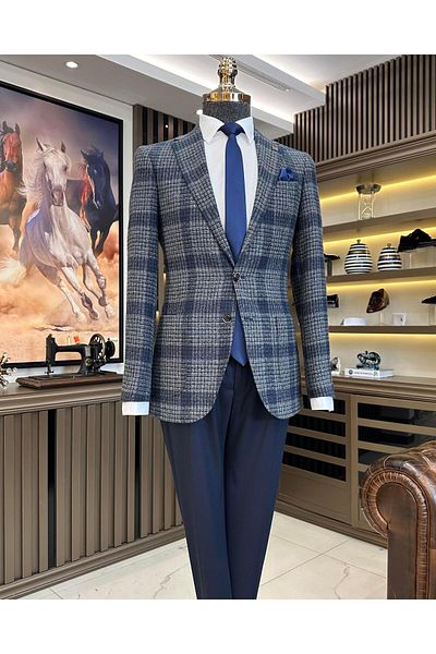 TerziAdemAltun Italian style slim fit mono collar plaid men's jacket navy blue T10746