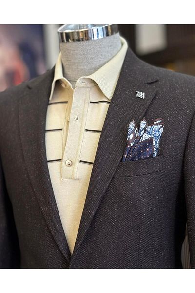 TerziAdemAltun Men's Mono Collar Italian Style Jacket - Brown T10556