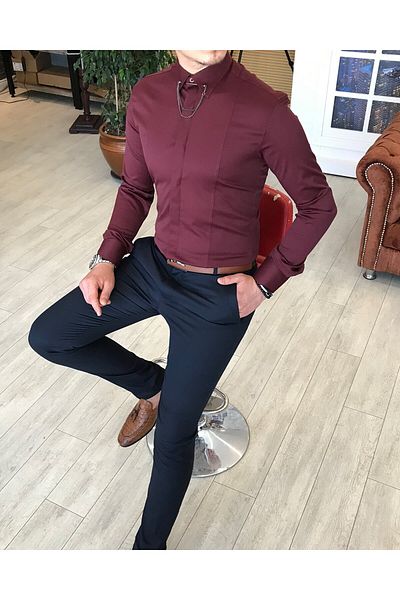 TerziAdemAltun Italian Cut Slim Fit Men's Satin Burgundy Chain Shirt T4099