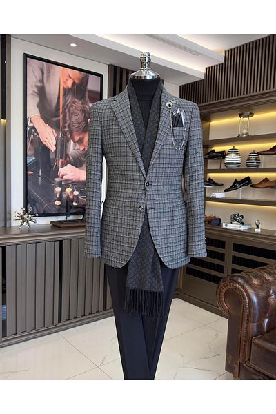 TerziAdemAltun Italian style slim fit mono collar plaid men's jacket black T10751
