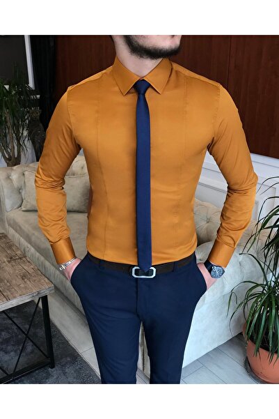 TerziAdemAltun İtalyan stil slim fit erkek kravat yaka gömlek Hardal T6819